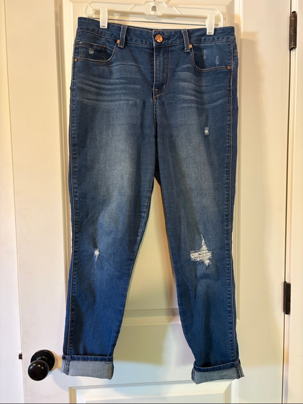 1822 Denim Women's Boyfriend Jeans in Medium Blue with Distressed Accents